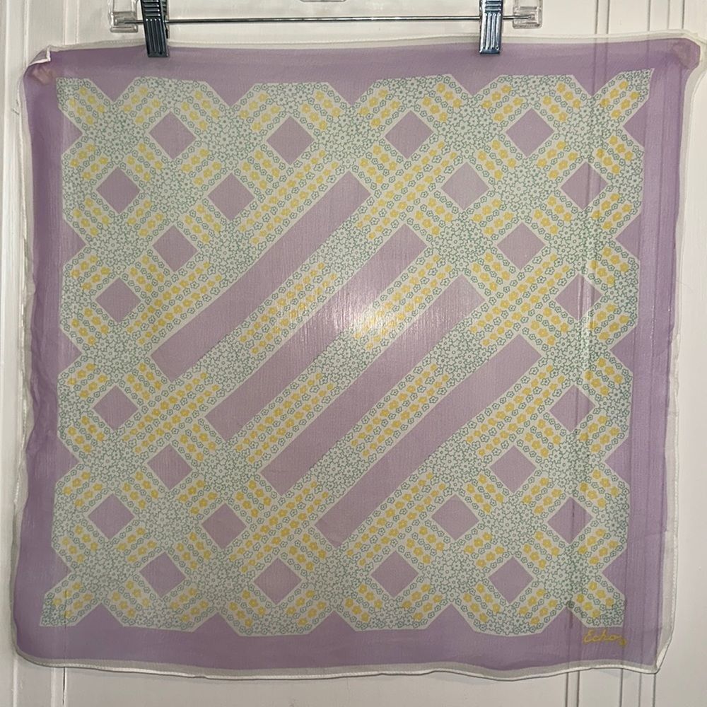 Vtg Echo lavender, green, yellow & white chiffon polyester floral square scarf